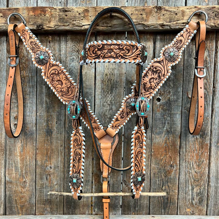 Rodeo Drive - Wholesale Horseback Riding Gear - Whipstitch CopperTurquoise Browband / One Ear Tack Set #BBB