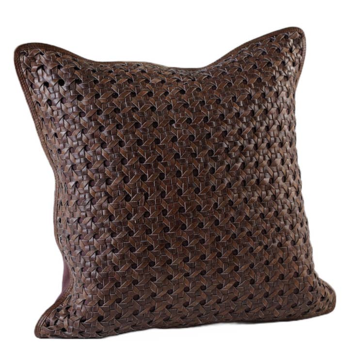 Pillow Leather Rattan Weave Dark Brown 20" X 20" *Cover Only for wholesale by Luzia Leather Home Collection