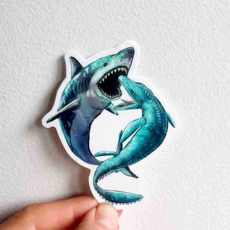True North Creations - Wholesale Sticker - Megalodon vs Mosasaurus Sticker, 3"
