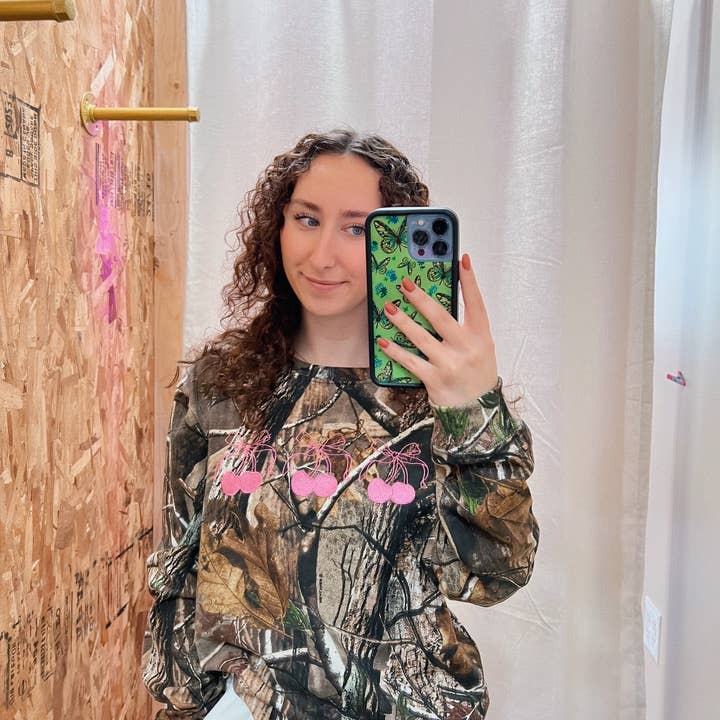 Camo Cherry Bow Long Sleeve Shirt: Embrodiary for wholesale by Vanilla