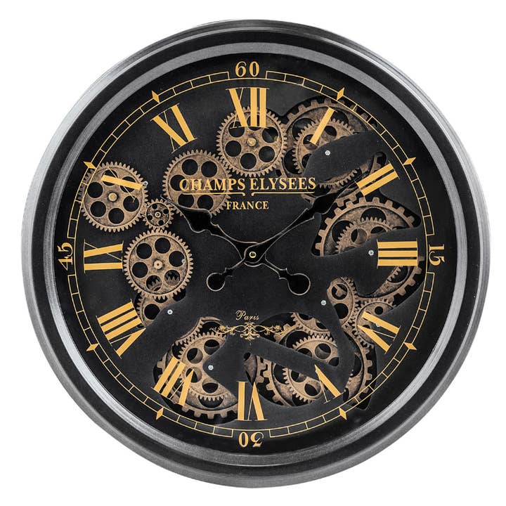 Black and Gold Medium Moving Gears Clock for wholesale by McGowan & Rutherford Ltd