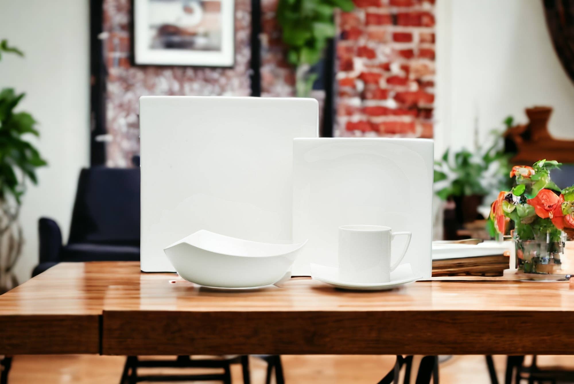 HomeRoots - Wholesale Tableware set - White Five Piece Square Bone China Dinnerware Set