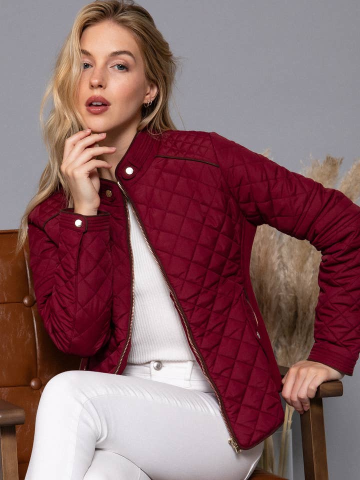 Active Basic | Active USA - Wholesale Puffer Jacket - Women's - Suede Piping Detail Rib Quilted Padding Jacket 16