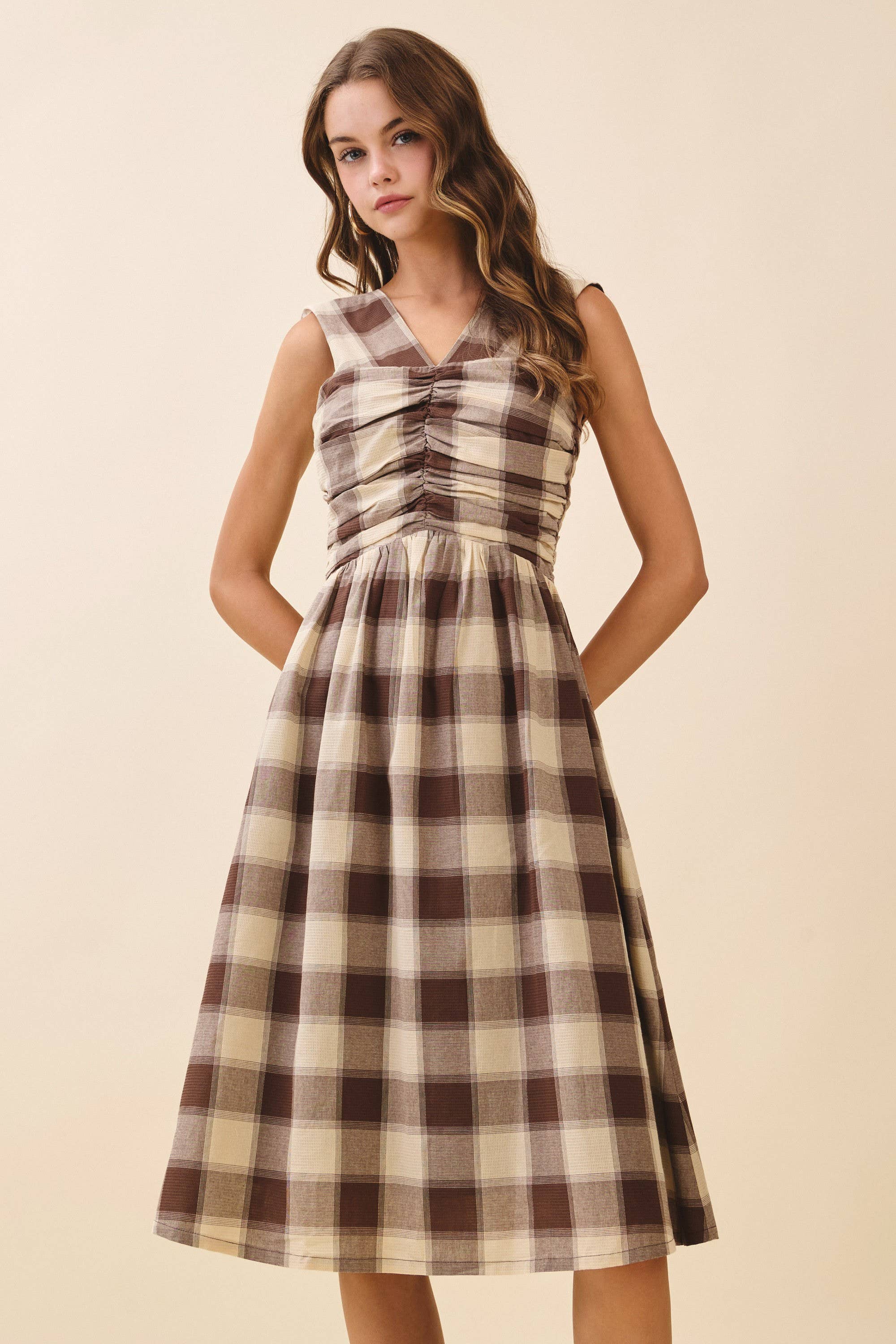 Brown CD06194-Brown Checkered V Neck Ruched Bodice Midi Dress for wholesale on Faire0