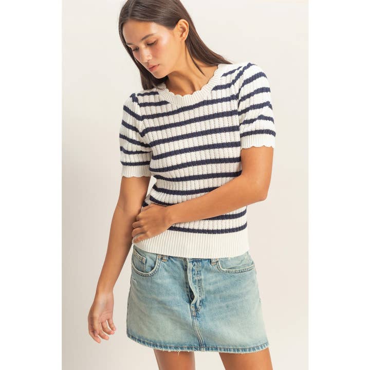 Striped Scallop Edge Puff Sleeve Knit Top for wholesale by Double Zero