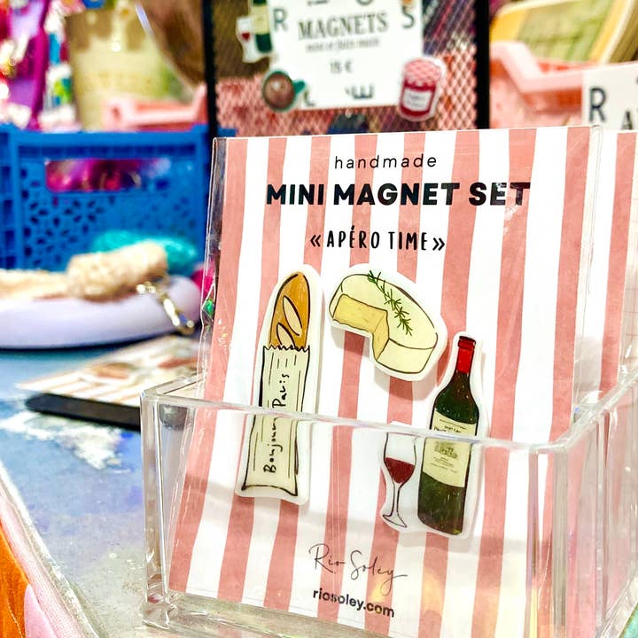 Art Prints by Rio Soléy - Wholesale Magnet - Handmade Mini Magnet Set – Apéro Time (Baguette, Wine & Camembert Cheese)3
