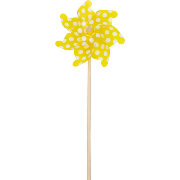 A29573: Yellow plastic pinwheel with white polka dots 21in for wholesale by Silver Tree Home & Holiday