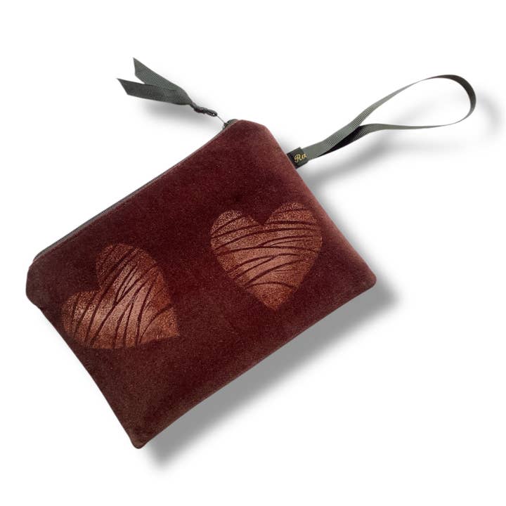 Chocolate Brown Love Heart velvet zip-up pouch for wholesale by Raina Atelier