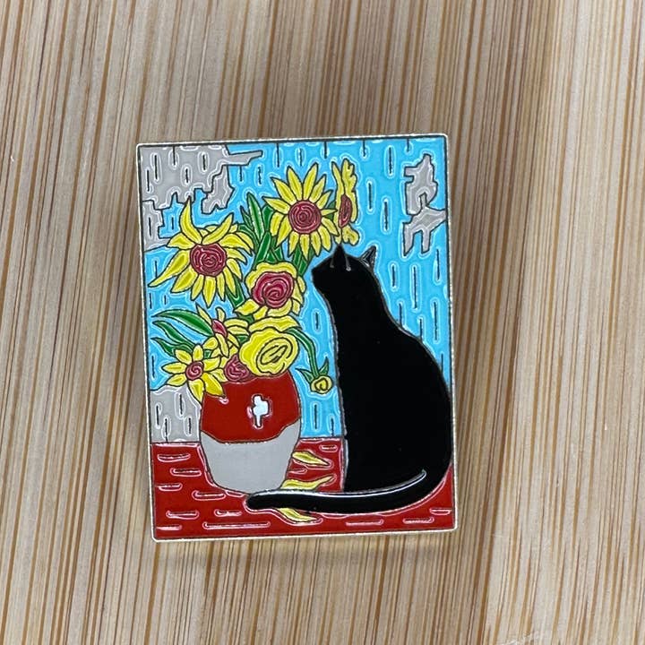 Cat and Sunflowers Impressionist Painting Pin - Van Gogh for wholesale by Scribble & Scroll