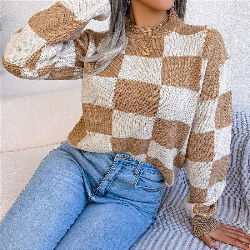 OceanusSwim - Wholesale Knit Sweater - Women's - Color Block Checkered Sweater4