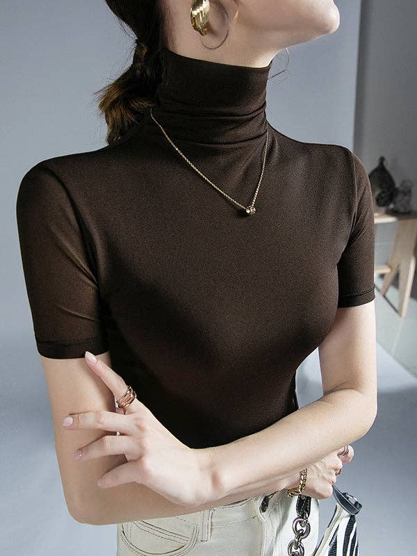 Mirazshoes WholeSale – Großhandel Strickoberteil – Damen – Halbärmelige, enge, einfarbige T-Shirts mit hohem Kragen3