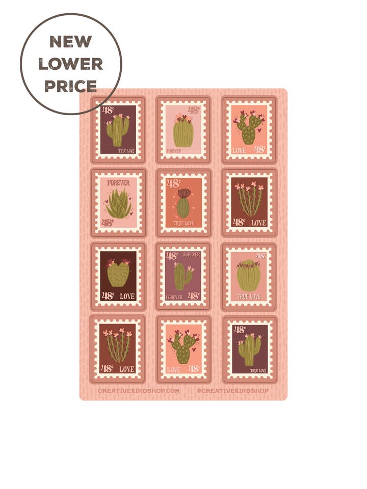 Stamp Sticker Sheet – Sending Love Cactus Stamps Vinyl Sticker Sheet for wholesale by Creative Kind