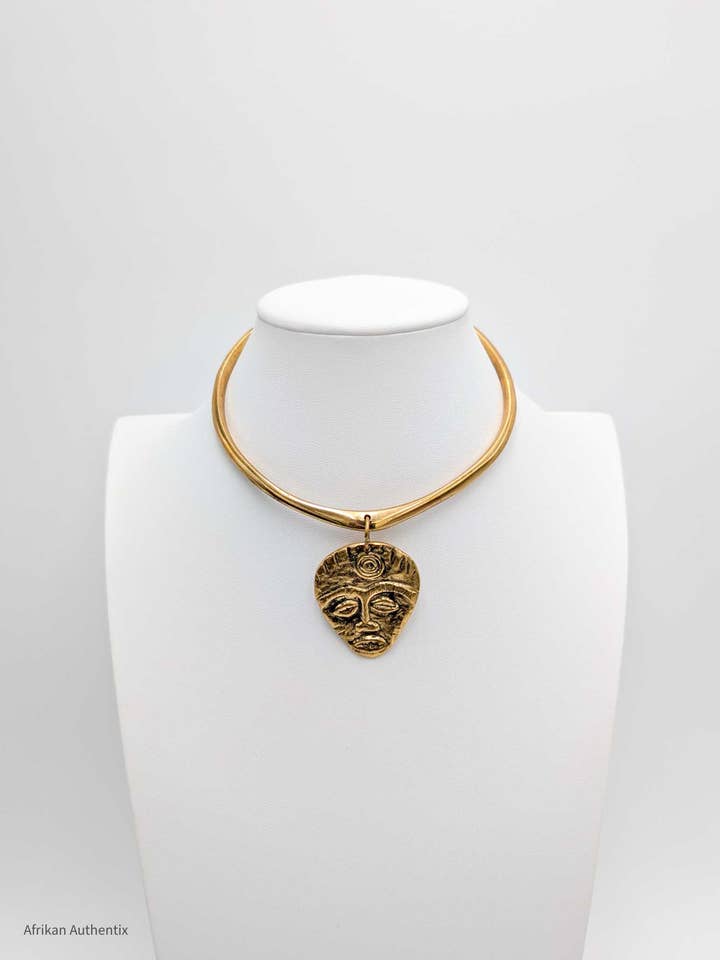 Brass Choker Necklace Ashanti Mask Pendant Statement Jewelry for wholesale by Afrikan Authentix