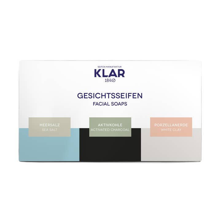 Geschenkset Gesichtsseifen (Aktivkohle, Meersalz, Weißer Ton) für den Großhandel von Klar Seifen