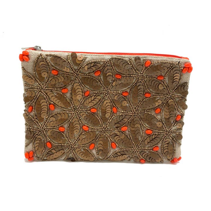 Beutel mit goldenen und orangefarbenen Pailletten und Perlen für den Großhandel von Pizzazz, Inc.