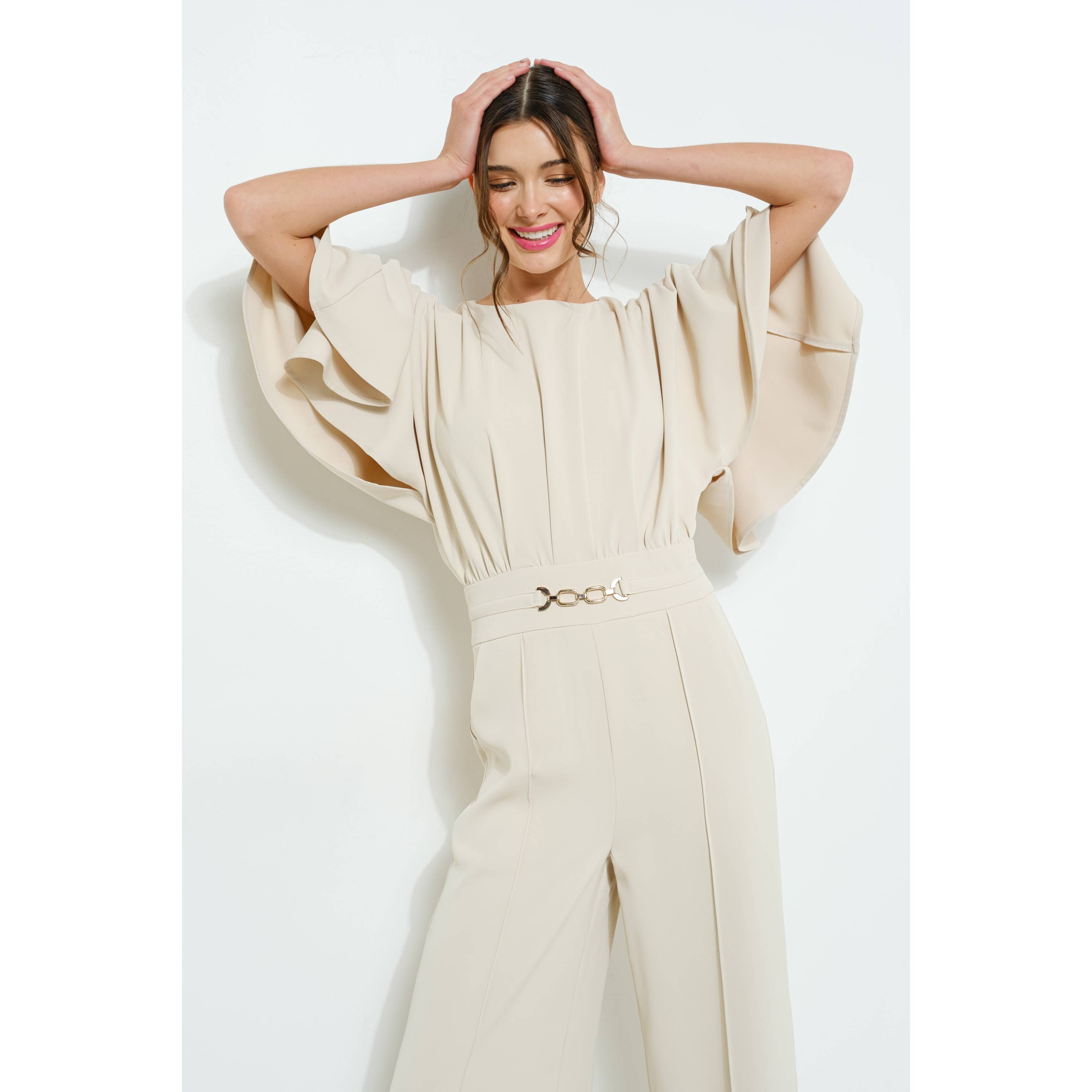 INA - Wholesale Romper - Women's - Flutter Kimino Sleeve Buckle Detail Wide Jumpsuit11