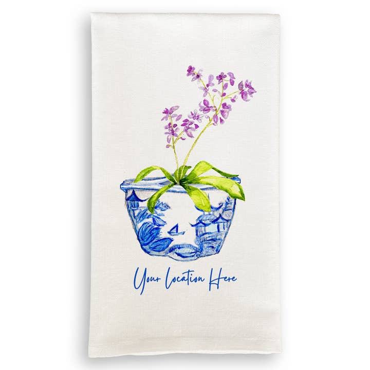 Blue & White Bowl with Purple Orchid and Location for wholesale by French Graffiti