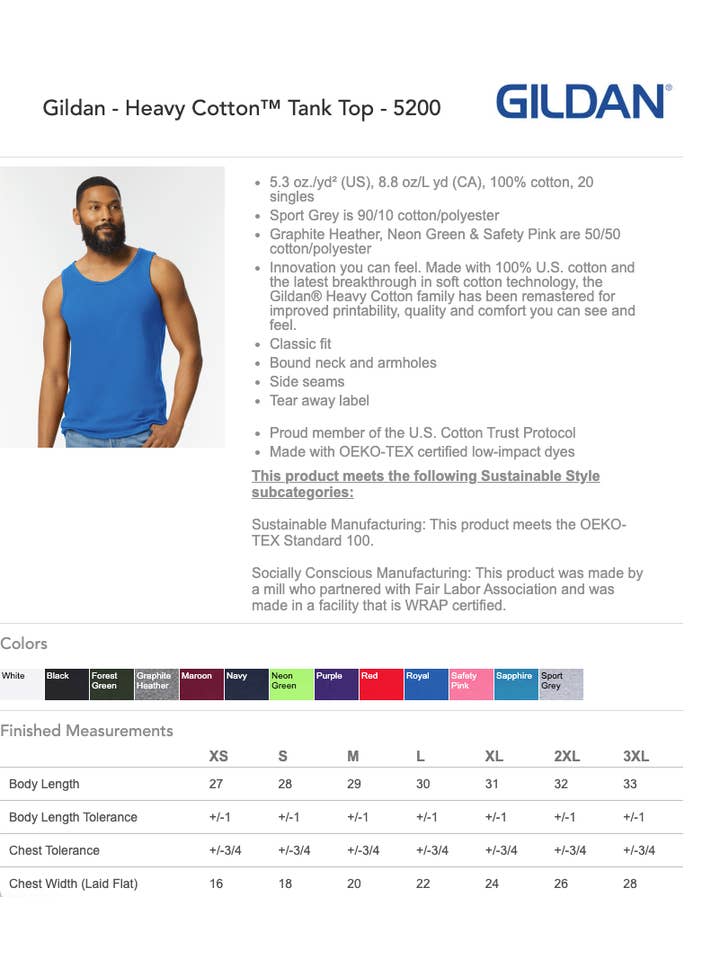 Total Apparel - Wholesale Tank Top - Men's - Gildan Unisex Heavy Cotton Blank Tank Top | 5200