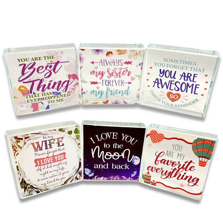 Novelty Closeout - Wholesale Decorative Tabletop Object - Inspirational Love Glass Block Keepsake- 6/Pack