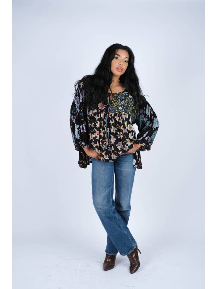 Sacred Threads - Wholesale Blouse - Women's - Midnight Bloom Bohemian Peasant Top