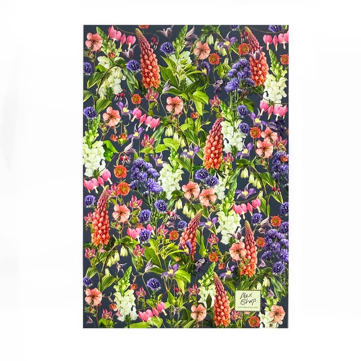 Navy floral Tea Towel 100% unbleached cotton for wholesale by Alex Sharp
