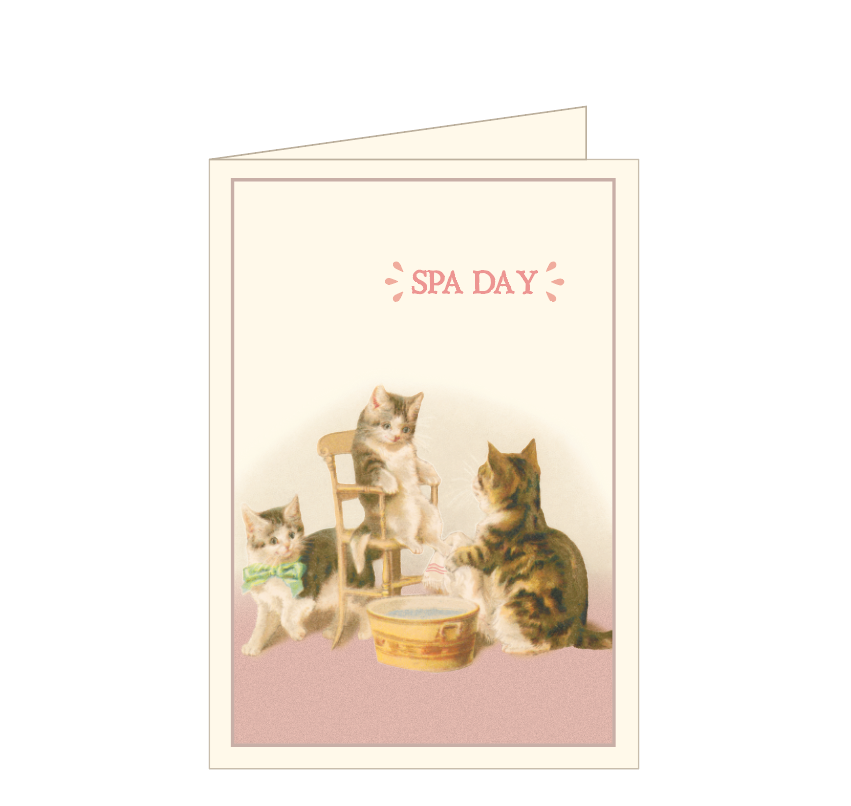 Penny Puzzle - Vente Cartes d'anniversaire - Carte de vœux pliée « Spa Day » avec chats prenant un bain de pieds0