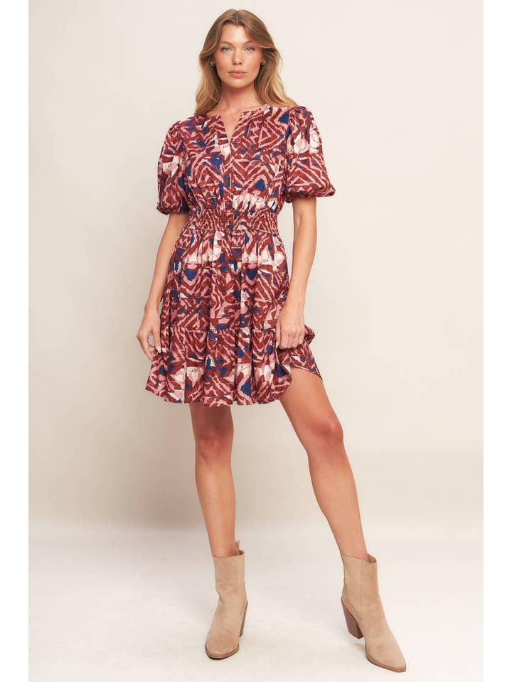 BROWN NAVY A printed woven mini dress - ID21505 for wholesale on Faire0