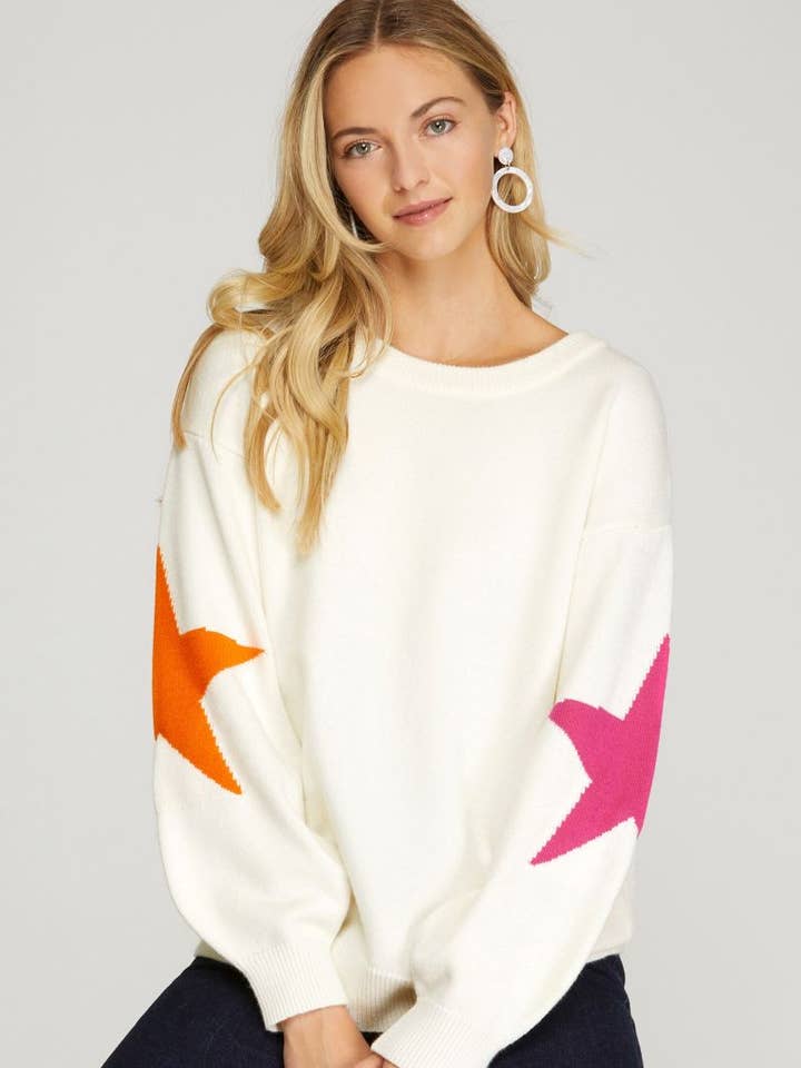 Camisola de mangas compridas com padrão de estrelas em branco sujo S12SY4479 por atacado de Stylish Wholesale