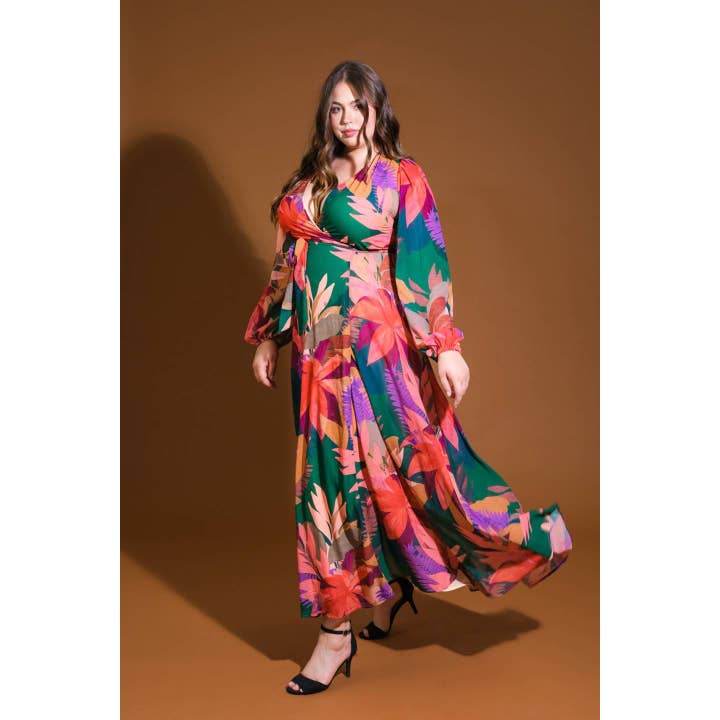 GREEN PLUS PRINTED WOVEN SURPLICE NECKLINE MAXI DRESS for wholesale on Faire2