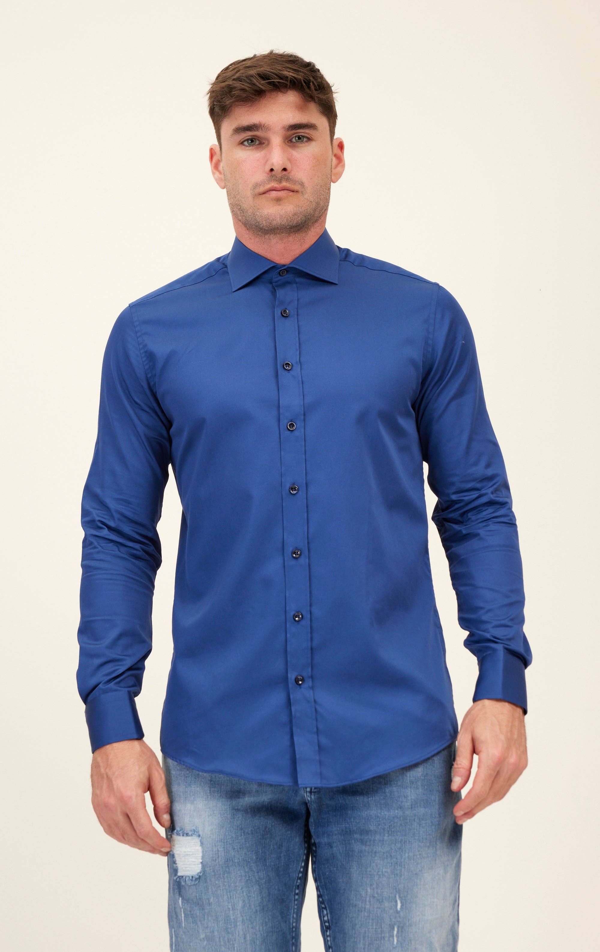 Men's Pure Cotton Spread Collar Fitted Dress Shirt - Navy for wholesale on Faire0