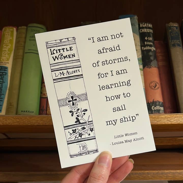 Little Women "I am not afraid of storms" book spine postcard for wholesale by Georgina The Librarian