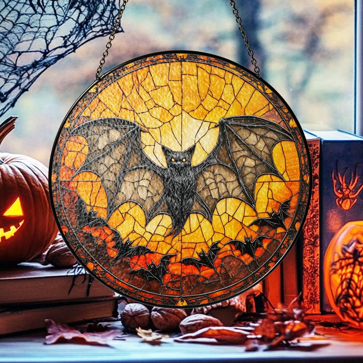 NVC Ecommerce LLC - Wholesale Suncatcher - Halloween Bat Faux Stained Glass Suncatcher, Gothic Ghost