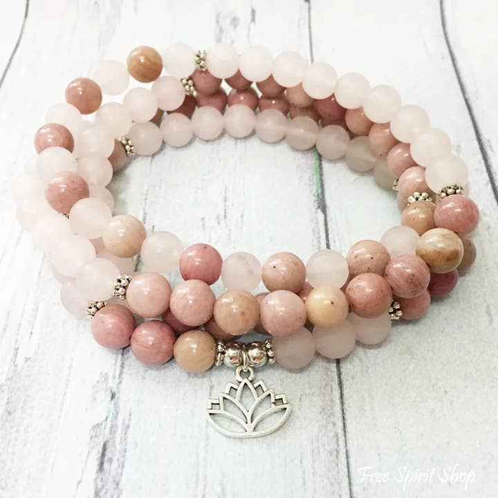 108 Rose Quartz & Rhodonite Lotus Mala Bead Bracelet for wholesale by Free Spirit Shop