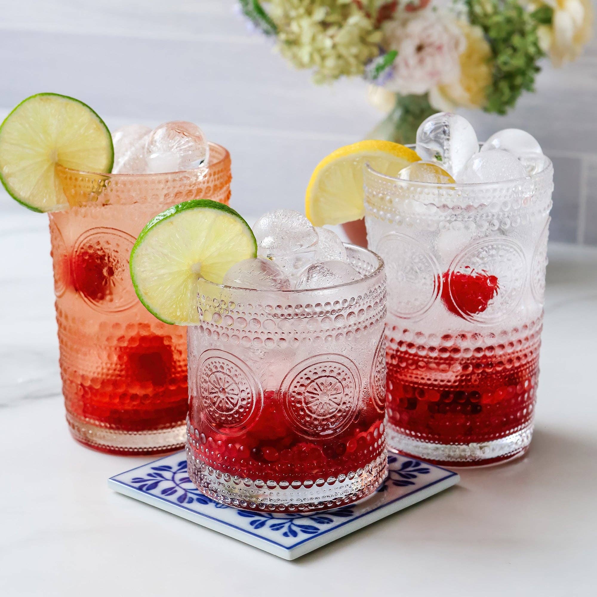 Kate Aspen - Wholesale Cocktail/Liquor Glass - 10 oz. Hobnail Beaded Floral Clear Drinking Glasses (Set of3