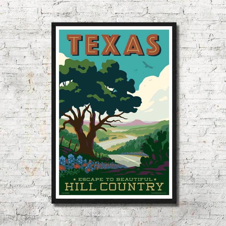Texas Hill Country Art Print Wall Art Travel Poster  for wholesale by Red Robot Design & Illustration