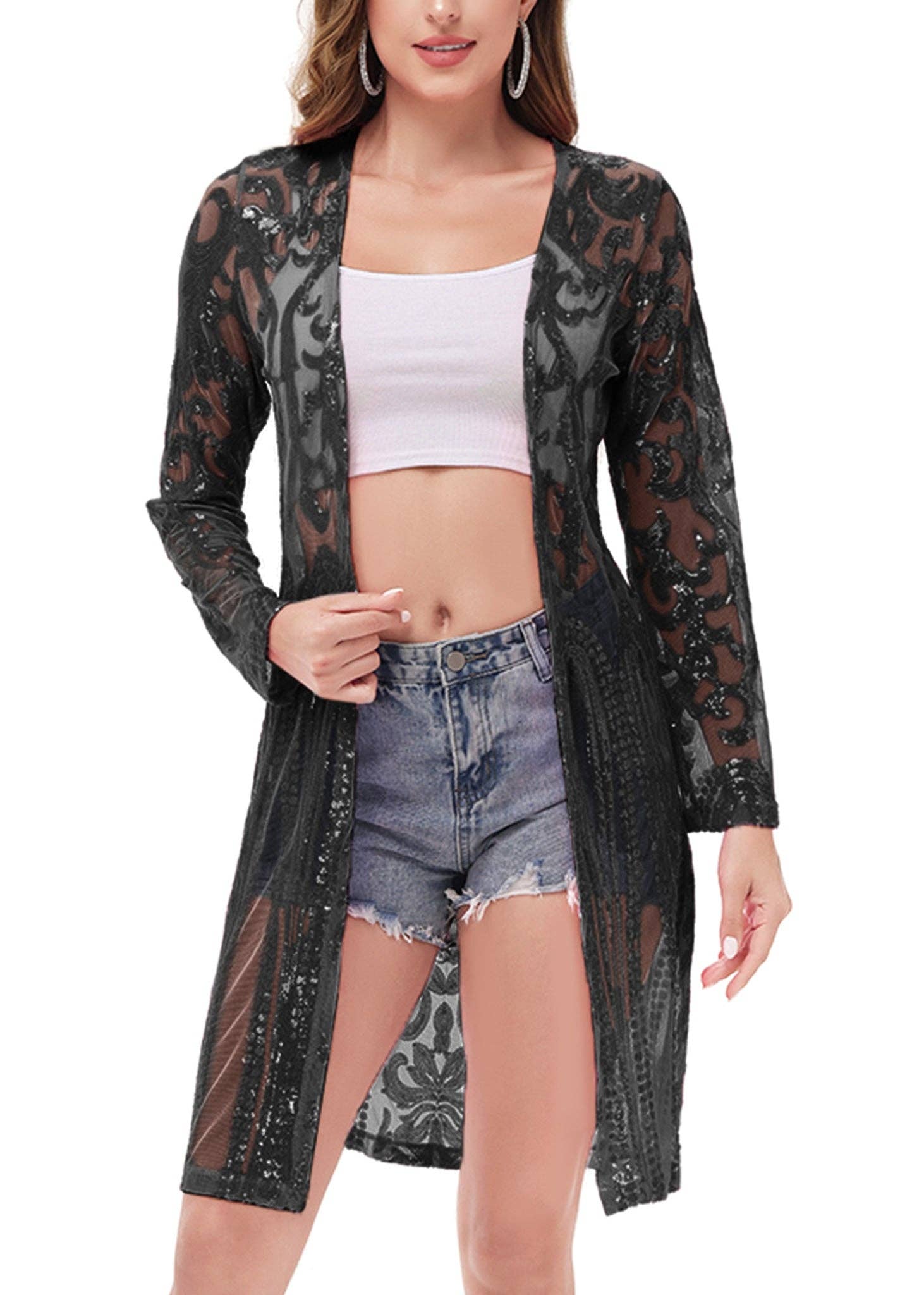 Anna Kaci Wholesale - Vente Kimono – femme - Cardigan à paillettes pour femmes à manches longues et ouvert sur le devant13