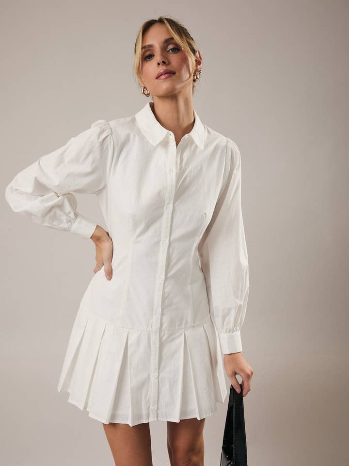 LONG SLEEVE PLEATED DROP WAIST BUTTON DOWN SHIRT DRESS for wholesale by Sunday Edition by LE LIS