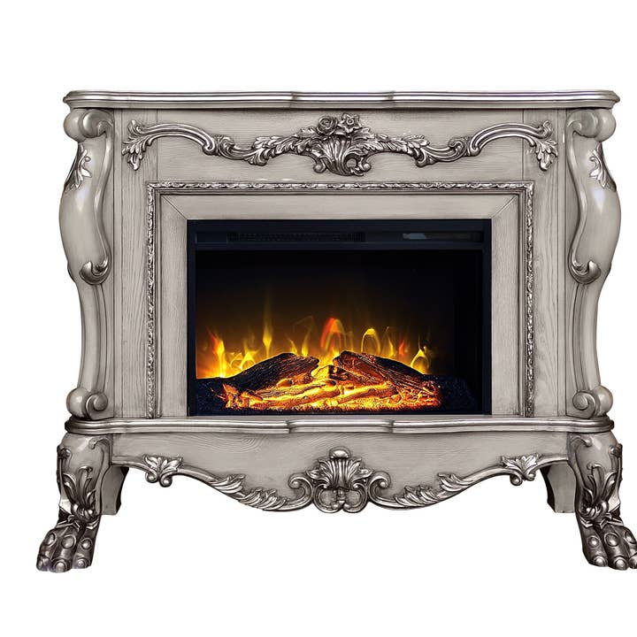 47" Bone Wood Ornate Carved Scrollwork Electric Free Standing Fireplace With Mantle for wholesale by HomeRoots