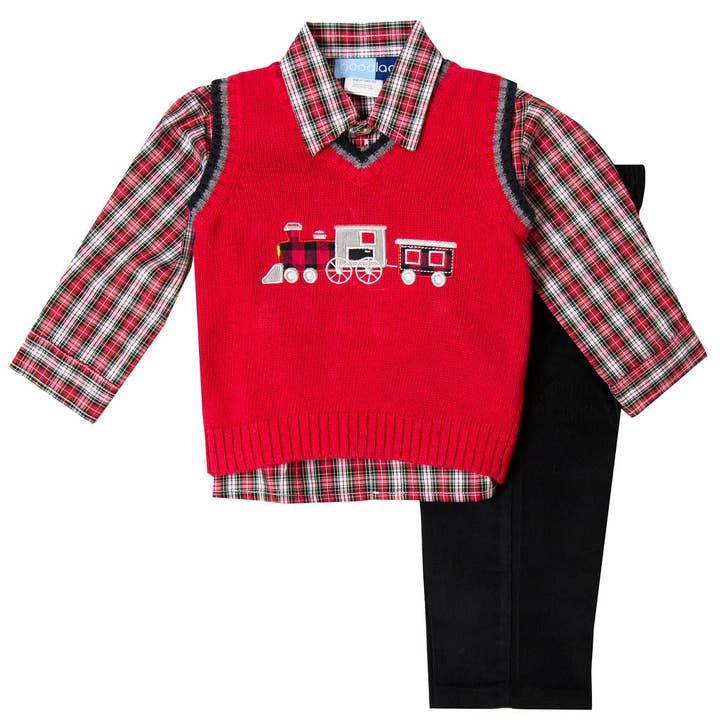 Infant Boys Holiday Three Piece Sweater Vest Set for wholesale by Good Lad Apparel
