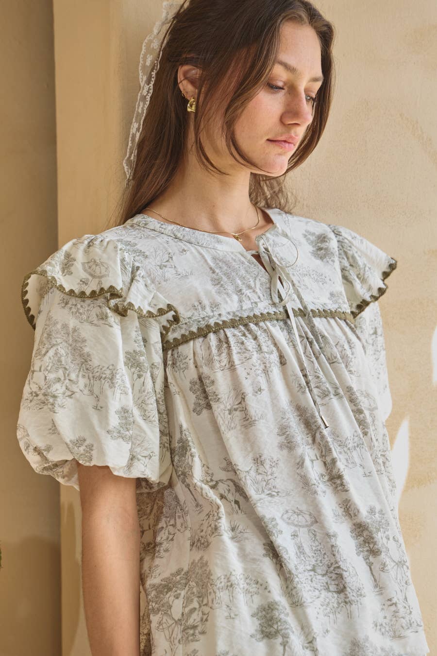 Gris Multi Blusa con Mangas Abullonadas Estampada Toi De Paris de venta al por mayor en Faire5