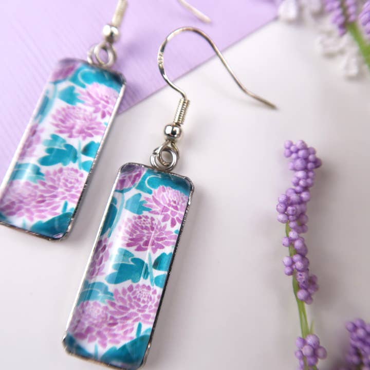 Loretta Belle Art - Wholesale Dangle Earrings - Purple Chrysanthemum Flowers - Glass Pendant Earrings2