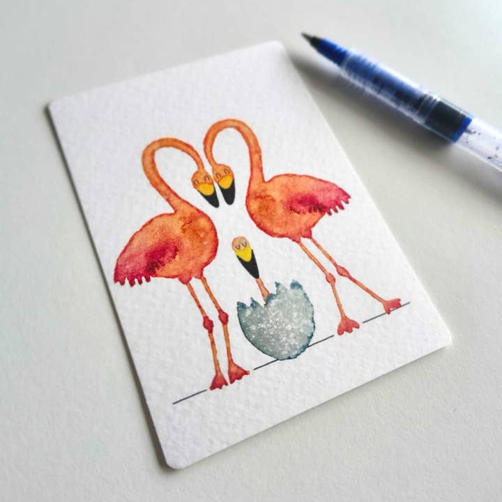 Roos in Huis - Wholesale Postcard - Mini card family flamingo2