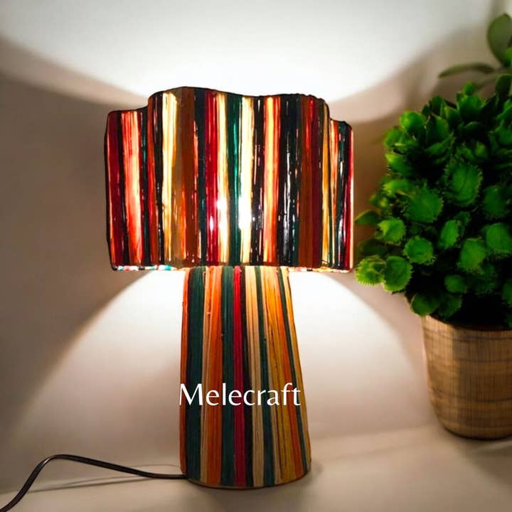 Melecraft - Vendita all'ingrosso Paralumi - Paralume da tavolo con rafia a righe, paralume in tessuto artigianale