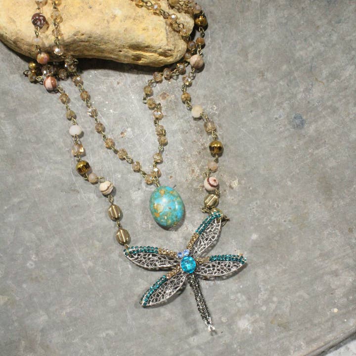 The Primitive Peddler, Inc. - Wholesale Pendant/Charm Necklace - Silent Whispers Dragonfly Bling Shades Of Teal Layered Necklace