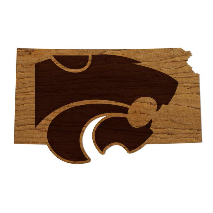 Kansas State University Wildcat Logo on State Wall Hanging - Crafted from Cherry or Maple Wood - Kansas State Wildcats for wholesale by LazerEdge