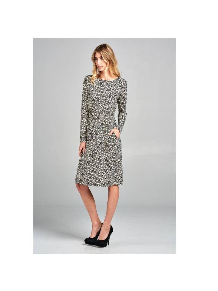 LKLUV - Wholesale Dress - Women's - Made in USA - Printed Long Sleeve Modern Cinched Midi Dress1