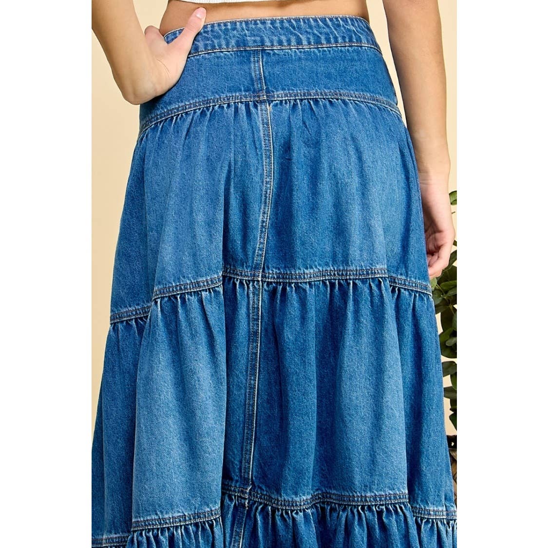 Med Wash Front Button 3 tiered Denim Skirt for wholesale on Faire8