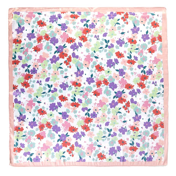 Sensibling Corp. - Vente Écharpe – femme - Foulard carré en satin soyeux imprimé floral prairie pastel3