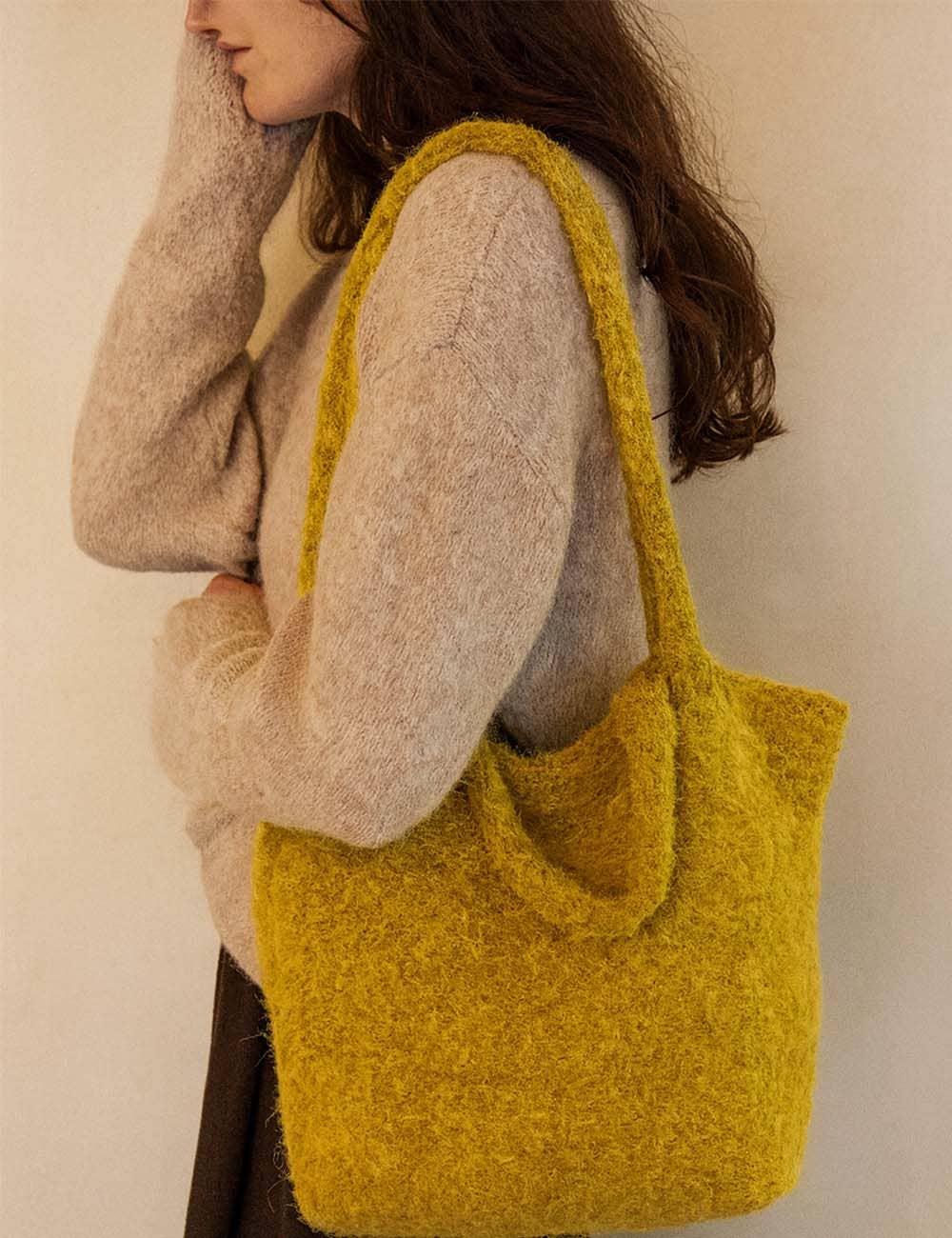Mustard Ladies Faux Fur Solid Color Shoulder Tote Bag for wholesale on Faire0
