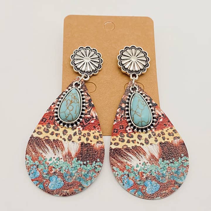 Mio Queena - Wholesale Dangle Earrings - Western Drop-shape Leather Turquoise Pendant Earrings - WJ5